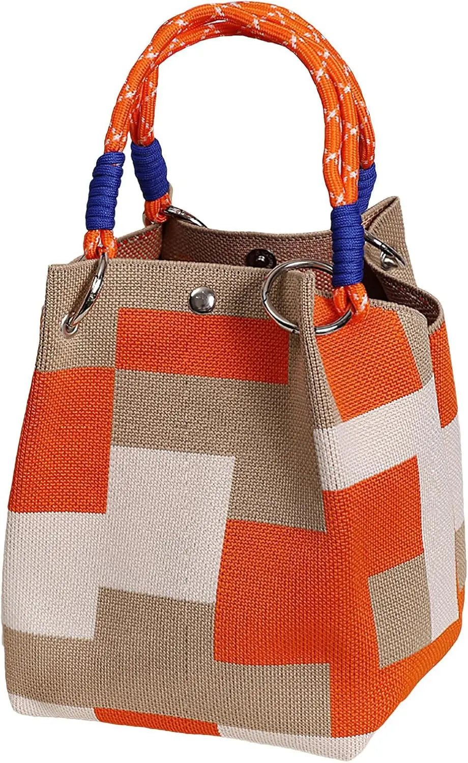 Mini Knitted Geometric Colorblock Bucket Bag – Detachable Handle Wristlet Purse for Women