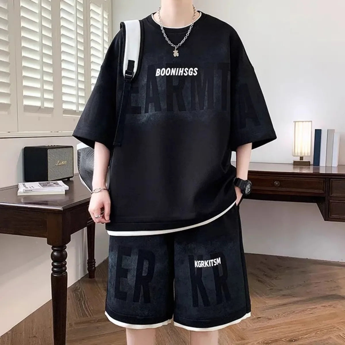 Men's Letter Print Short Sleeve T-Shirt & Drawstring Shorts Breathable Sports Set