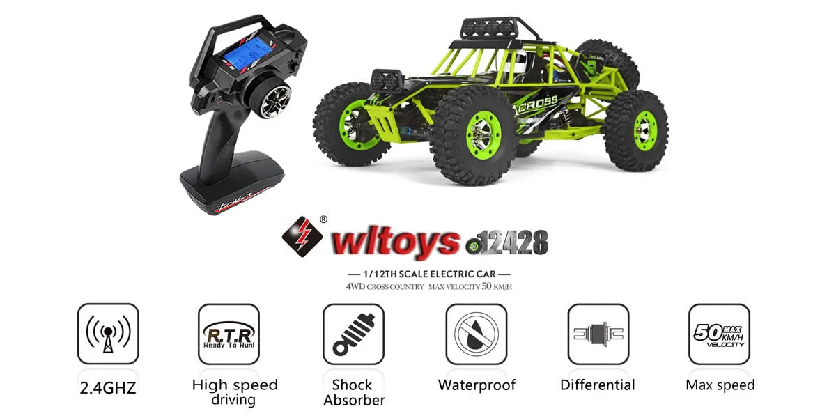 WLtoys 12428 1:12 Scale 4WD RC Racing Car – 50KM/H Alloy Off-Road Climbing Truck with LED Lights