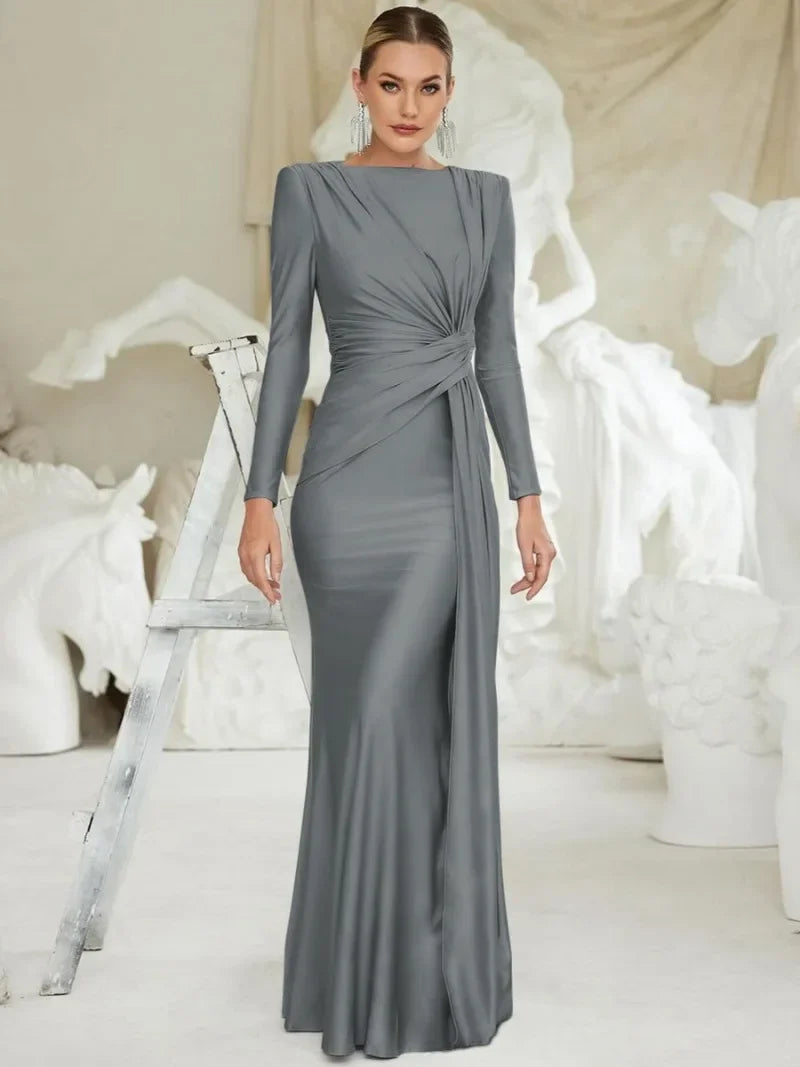 Women's Elegant Wedding Party Dress Female Clothing O-neck Long Sleeve Ruched High Waist Bodycon Long Maxi Evening Prom Dresses