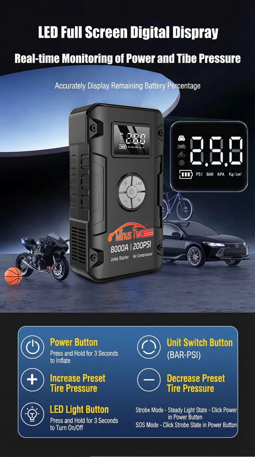 8000A Peak Car Jump Starter – All-in-One Power Bank, LED Flashlight & Emergency Booster for SUV & Truck