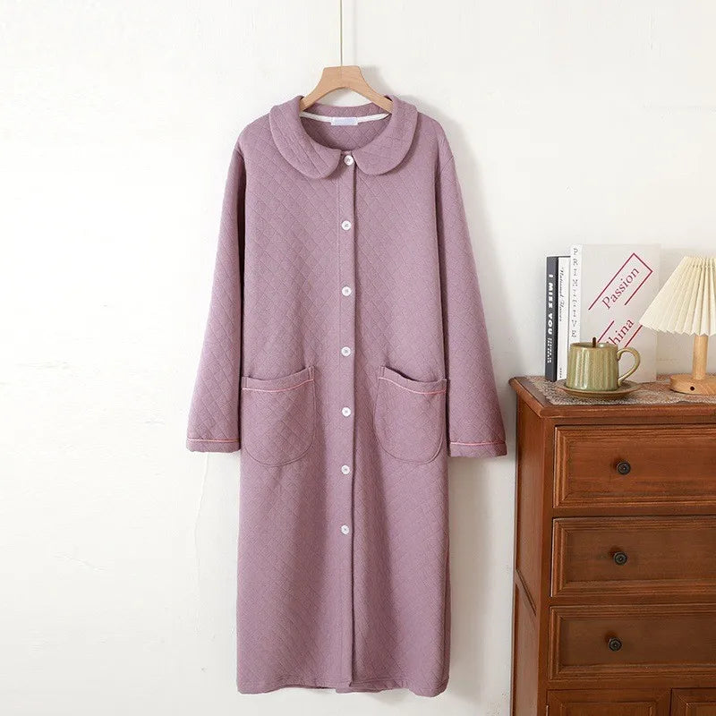 Women's Warm Cotton-Filled Bathrobe | Long-Sleeve Quilted Dressing Gown