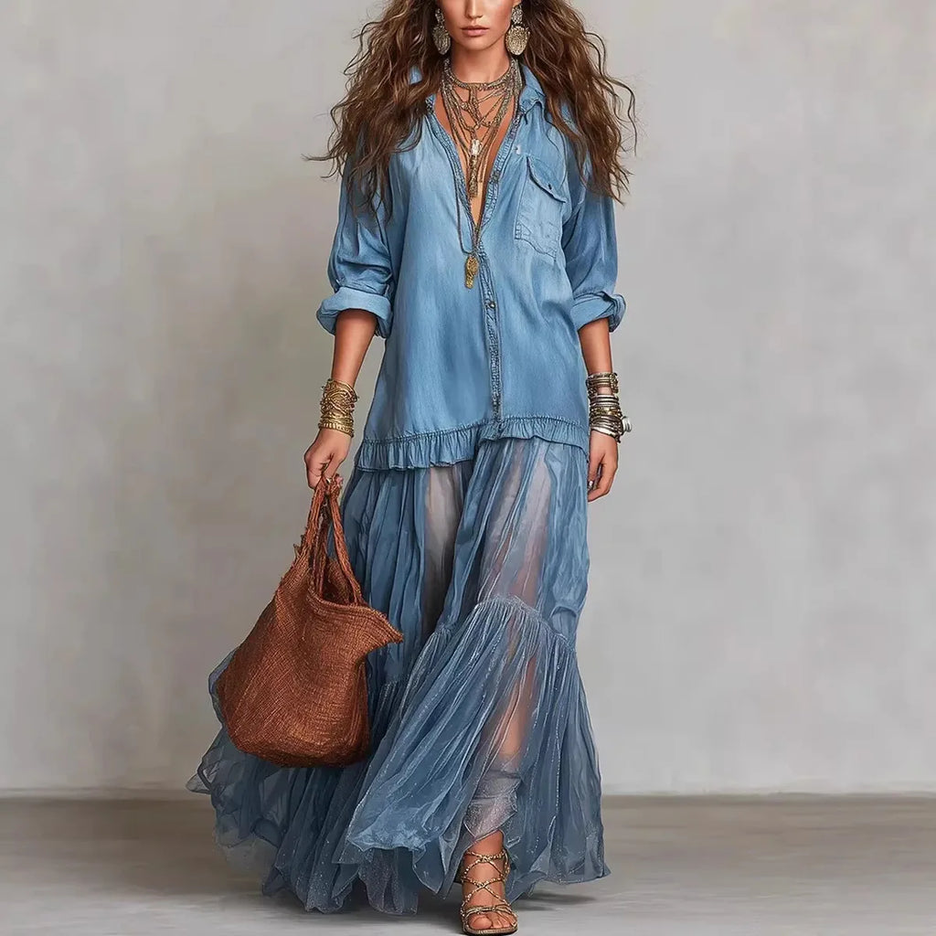 Denim Dress Women Dresses A Line Turn Down Collar Full Sleeve Ruffled Vintage Elegant Mesh Splice Work Causl Y2k Streetwear 2026