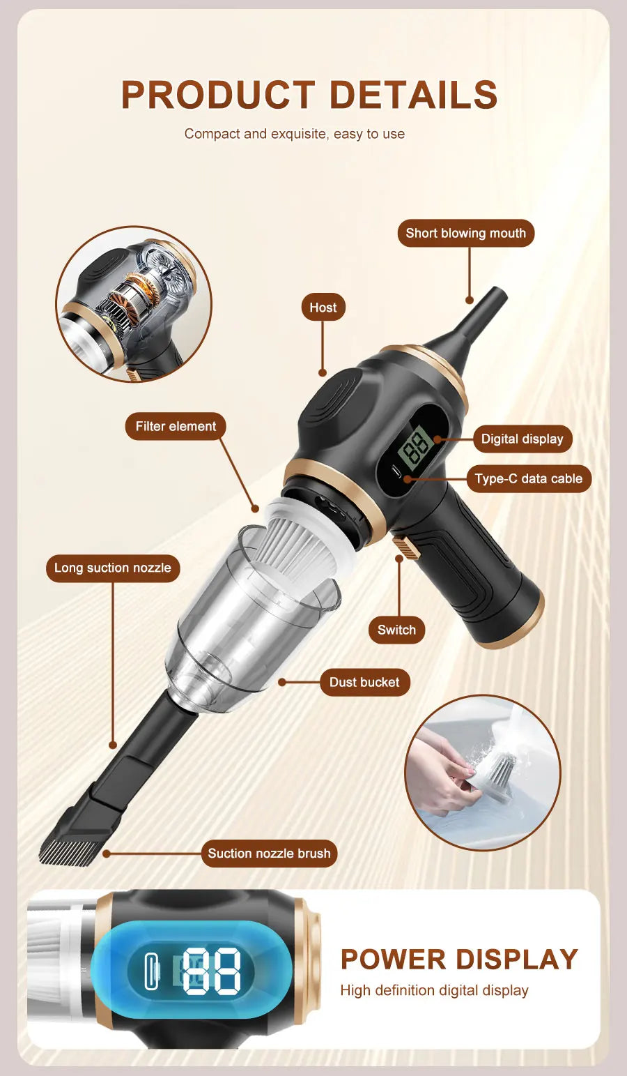 Wireless Car Vacuum Cleaner — Portable Cordless ABS Handheld Vacuum for Car & Home