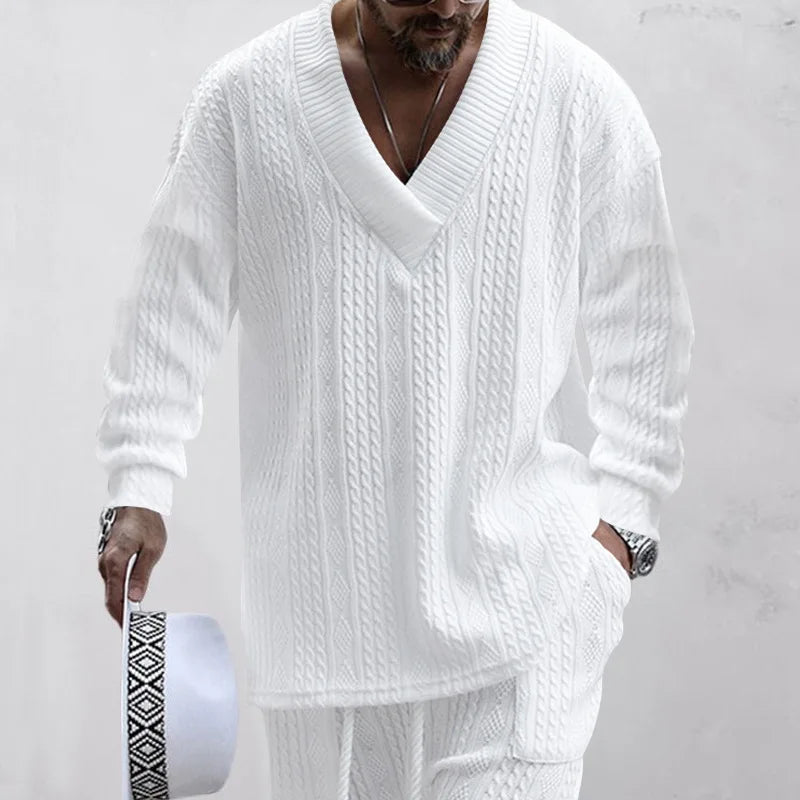 Men's Jacquard Knit Sweater & Casual Trousers Two-Piece Set
