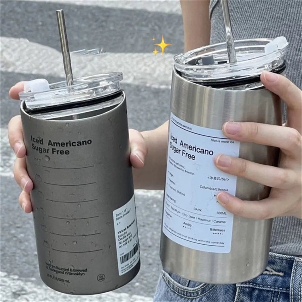 600ml Insulated Stainless Steel Thermos Coffee Mug with Straw – Vacuum Leak-Proof Travel Bottle, BPA-Free