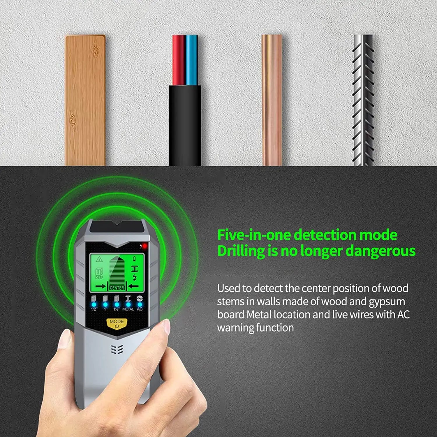 5-in-1 Electronic Wall Detector — Metal, Stud & Wood Finder