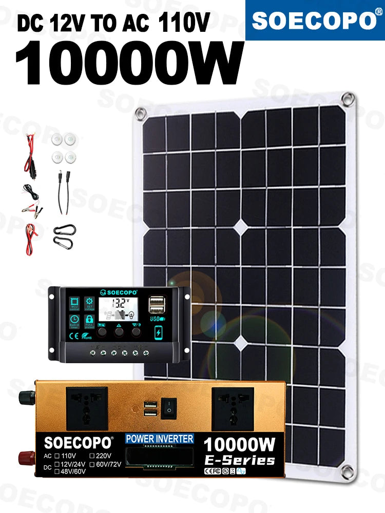Off-Grid Solar Kit – 10000W Inverter, 500W Solar Panels, 100A Controller, DC 12V/24V to AC 110V/220V
