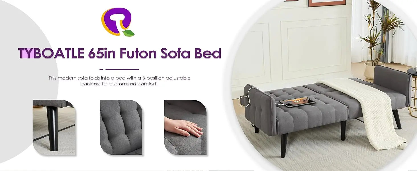 Sofa, Bed & Charging Station in One — TYBOATLE 65" Futon Sofa Bed | 2 USB Ports, Tufted Linen, Adjustable Loveseat for Small Spaces