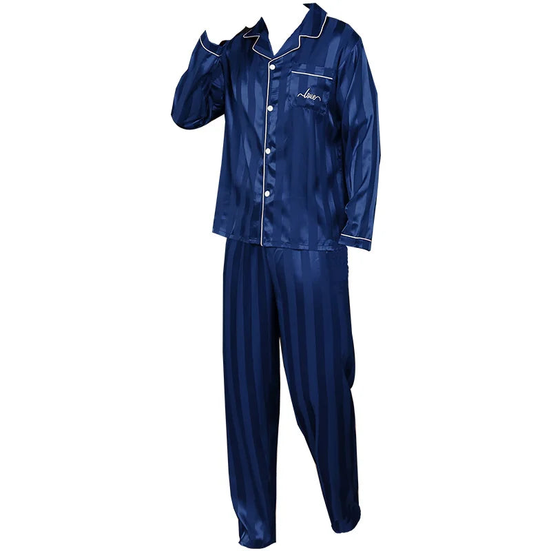 Men's Satin Silk Long Sleeve Pajamas Set | Minimalist Letter Embroidered Sleepwear