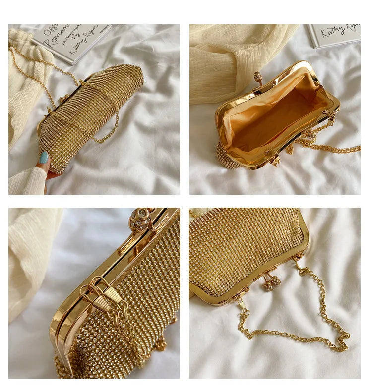 Golden Metal Bow Evening Clutch Bag – Shiny Bridal Chain Shoulder Bag for Wedding & Party