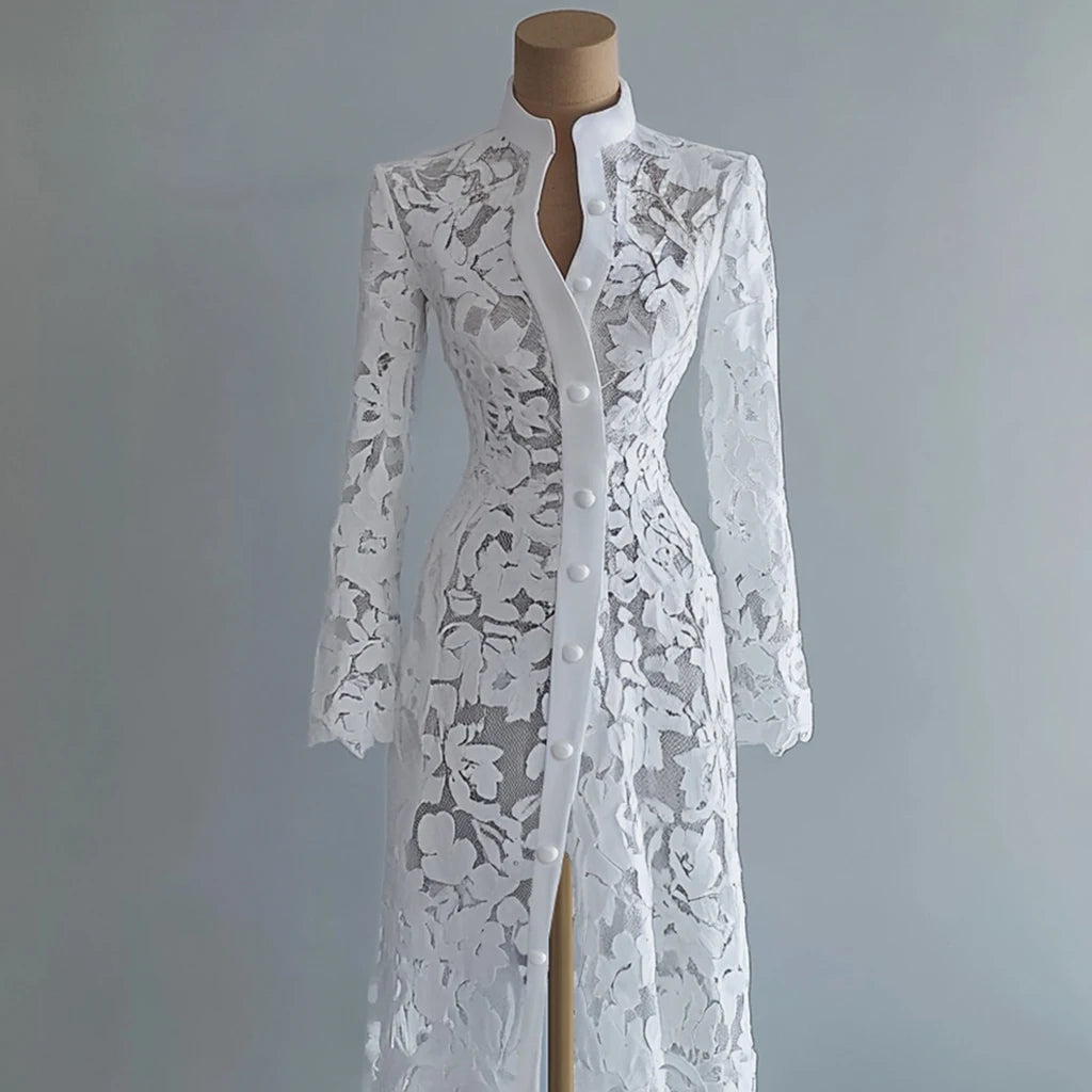 Women's Lace Dress for Women Fall Stand Collar Single Breasted Long Sleeve Coat Midi Dress See Through Elegant Sweet Dresses