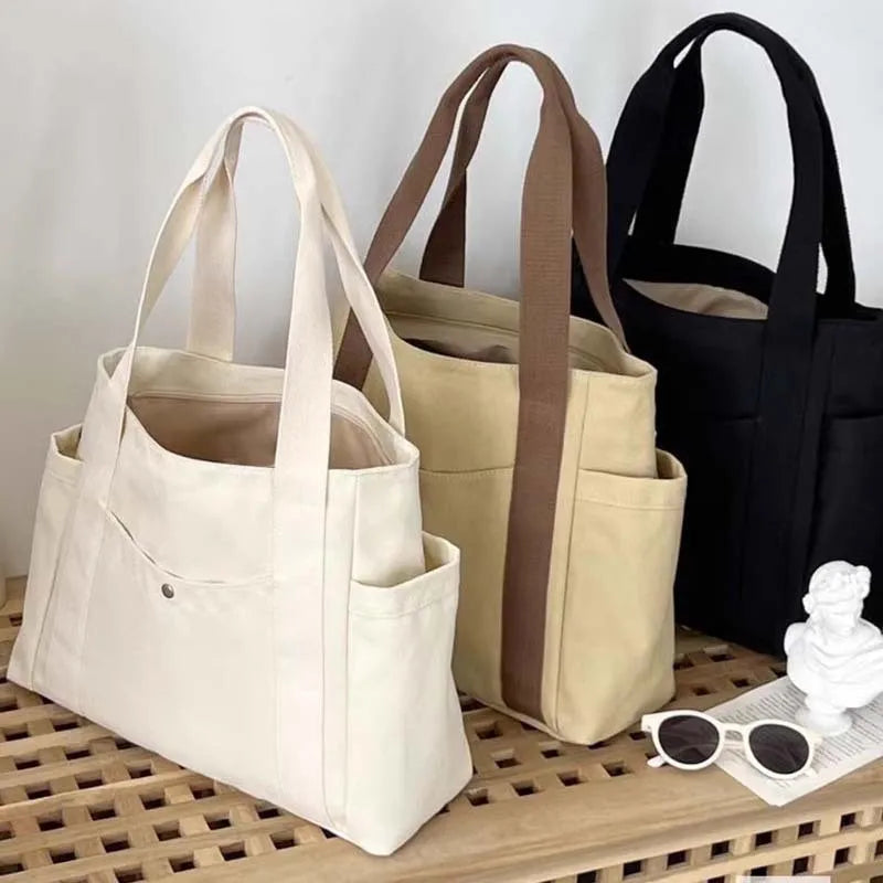 Large Capacity Canvas Tote Bag – College Style Work Commuter Shoulder Bag with Laptop Compartment for Women
