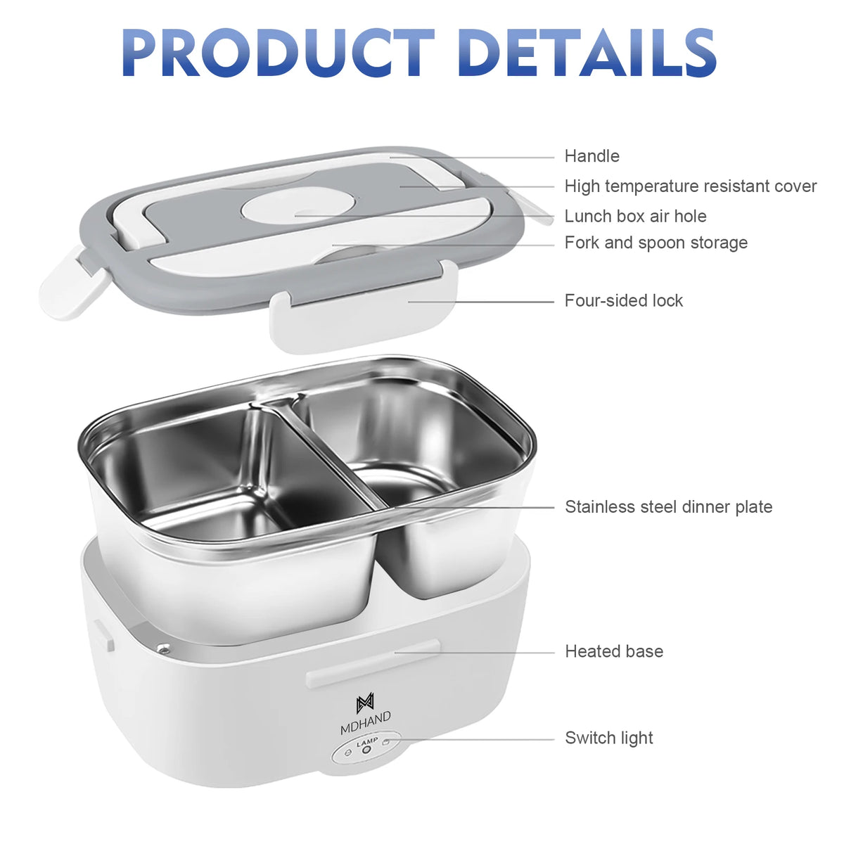 Stainless steel lunch box with labeled features on a white background