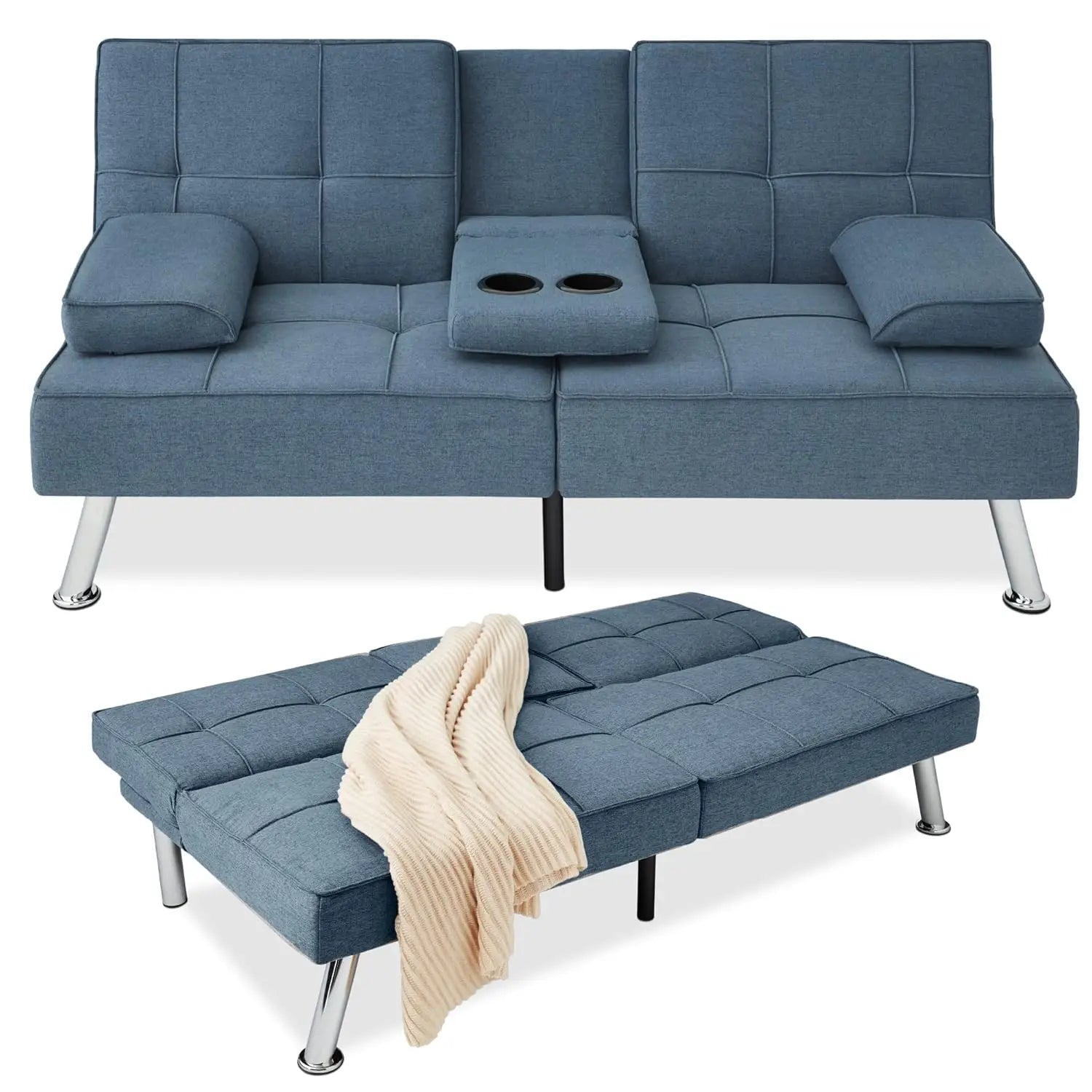 Sit, Recline, Sleep — Modern Linen Folding Futon Sofa Bed | 3 Positions, 2 Cupholders, Removable Armrests, 500 lb Capacity