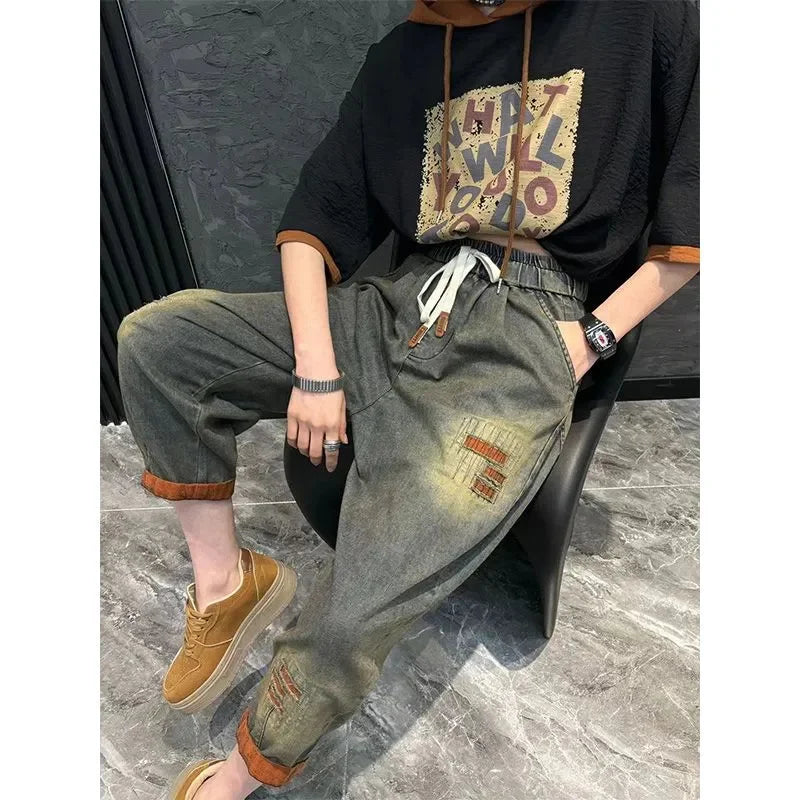 Women's Loose Plus Size Denim Jeans Two-Piece Set | Hooded Printed Casual Fashion Suit