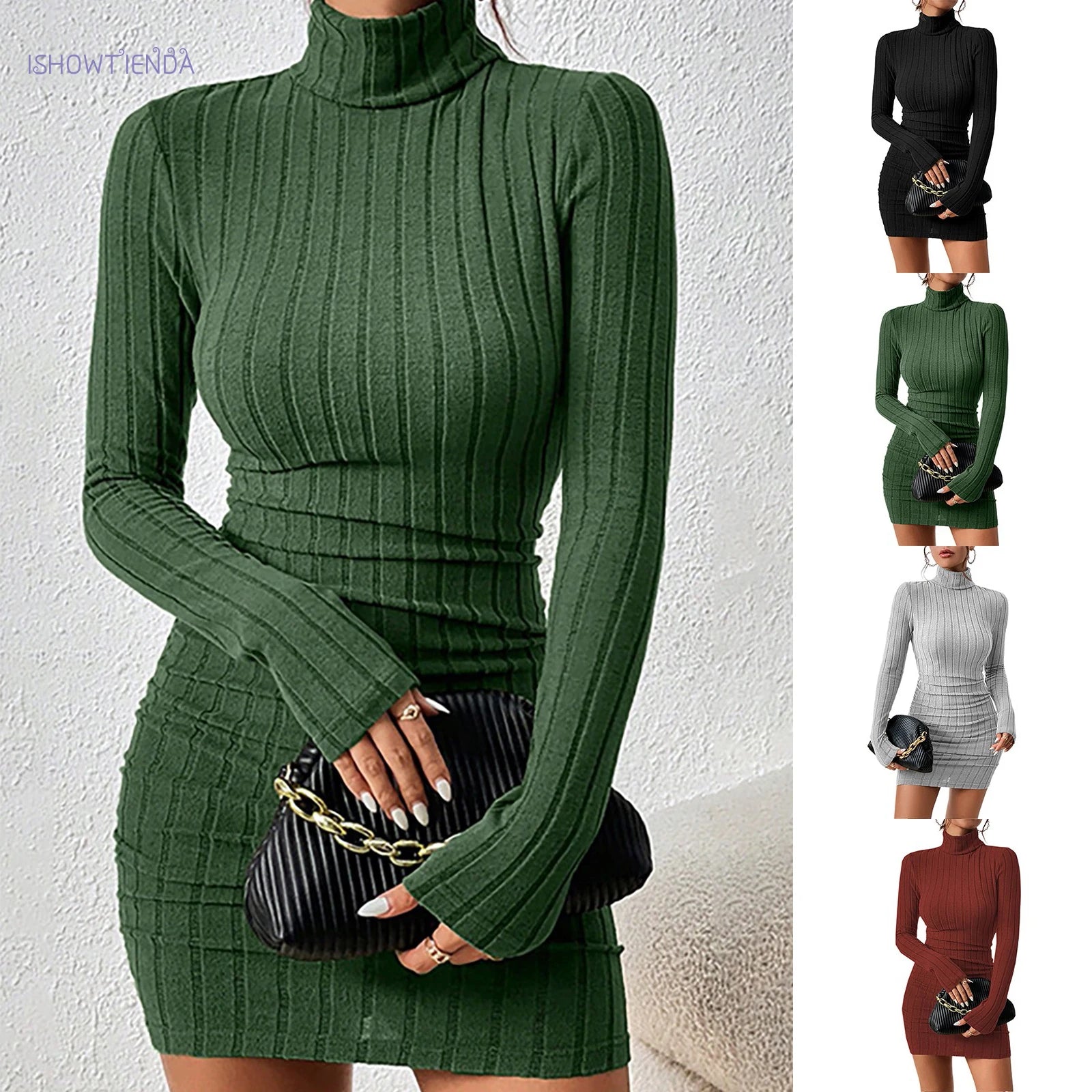 Knitted Turtleneck Bodycon Mini Dress — Slim Fit Party & Club Dress