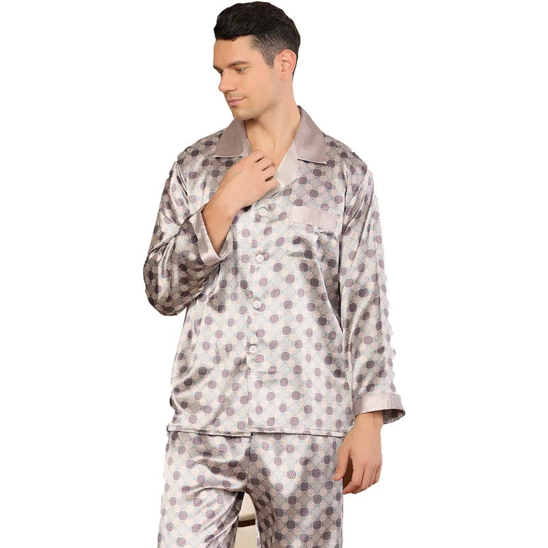 Men's Ice Silk Satin Pajama Set — Long Sleeve Top & Pants Sleepwear