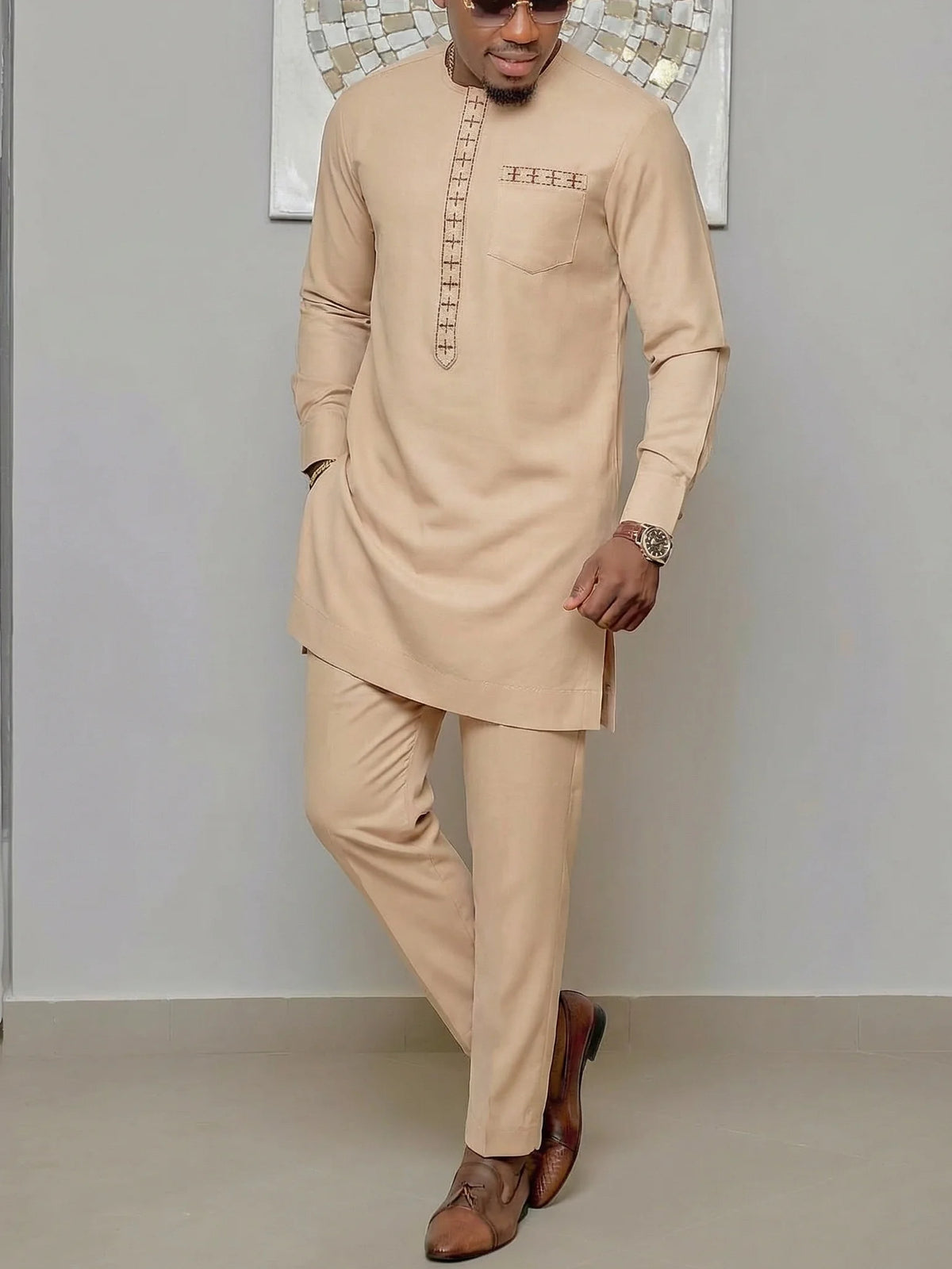 Men's African Kaunda Kaftan Long Sleeve Top & Pants 2-Piece Suit – Traditional Ethnic Wear