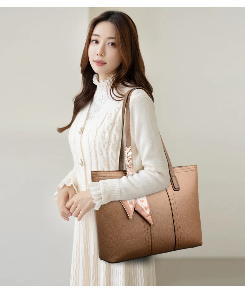 Genuine Cow Leather Large Shoulder Tote Bag – Rivet Sequin Designer Handbag for Women