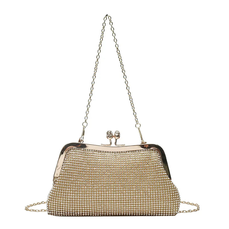 Golden Metal Bow Evening Clutch Bag – Shiny Bridal Chain Shoulder Bag for Wedding & Party