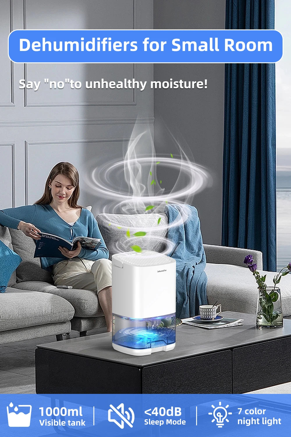 Portable Dehumidifier 1000ml — Compact Electric Moisture & Mold Remover for Home, Office & RV