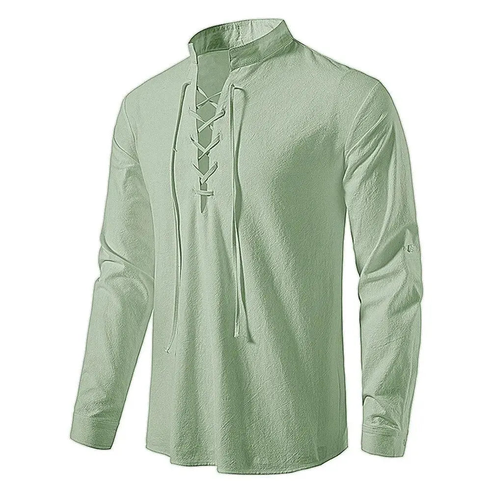 Men's Cotton Linen Drawstring Long Sleeve Shirt — Vintage Casual US Size Top