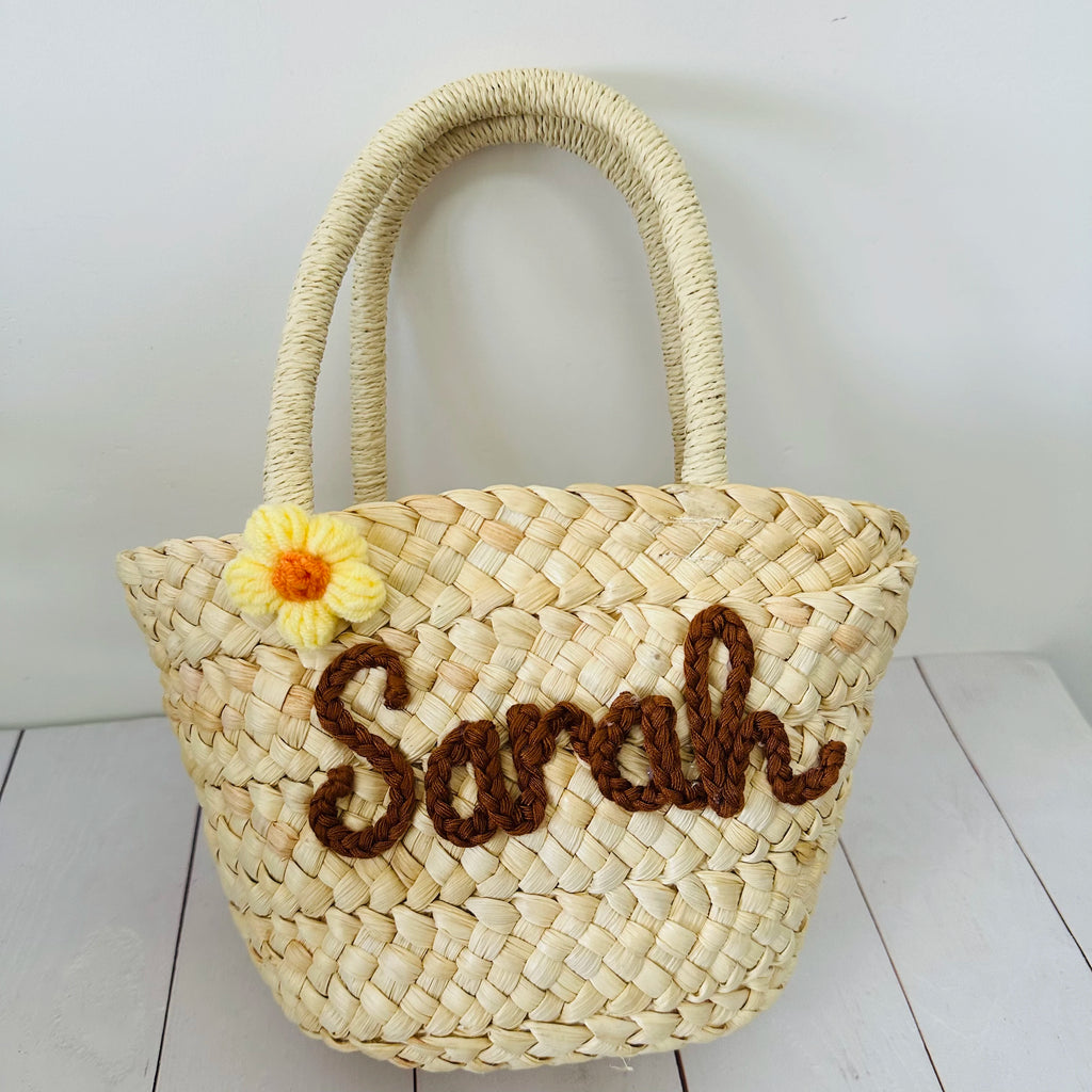 Personalized Handmade Straw Linen Tote Bag – Custom Name Bridesmaid Flower Girl Beach Bridal Party Gift Bag