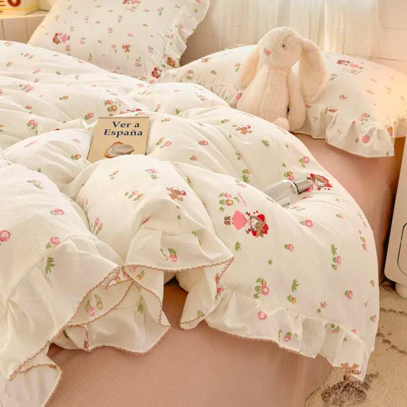 Lace Ruffle Duvet Cover – Printed Floral Comforter Cover for Adults & Kids, Single to King