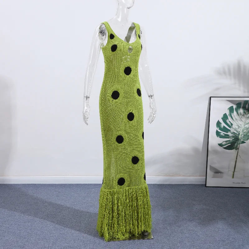 Women's Sexy See-Through Knitted Maxi Dress | Hollow Out Deep-V Tassel Hem Party Gown