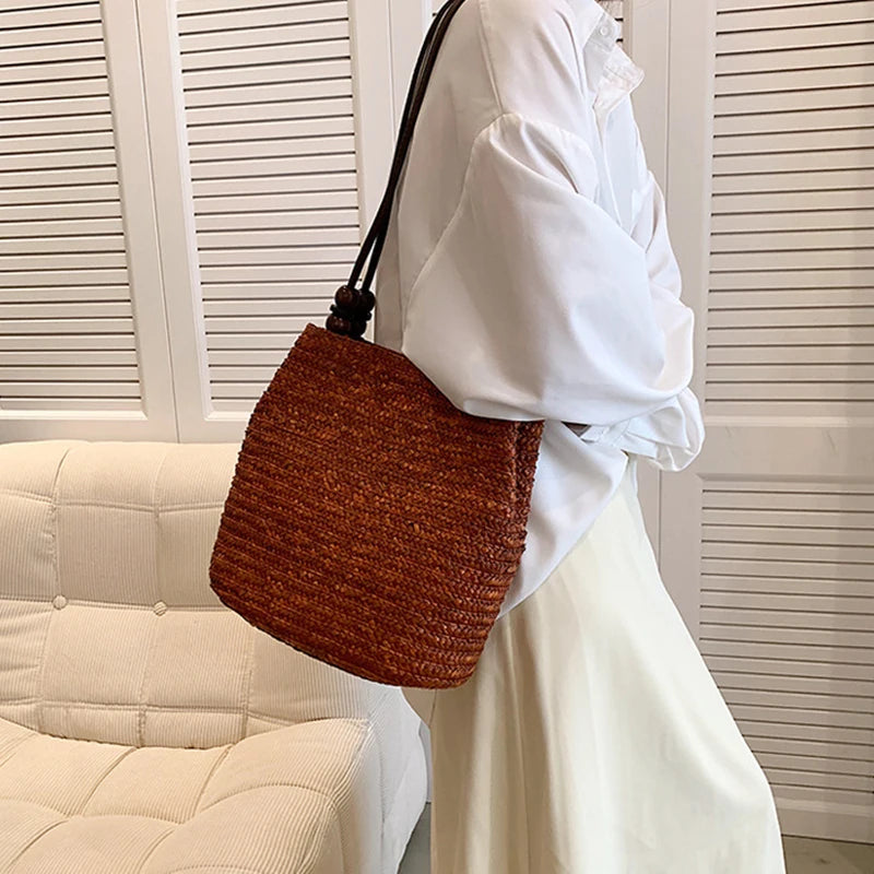 Handmade Straw Rattan Woven Tote Bag – Bohemian Beaded Summer Beach Shoulder Bag for Women