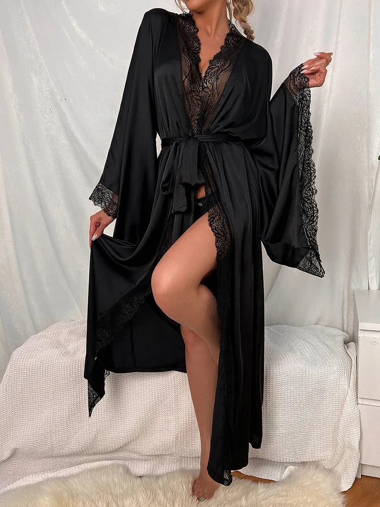 Women's Lace Patchwork Kimono Robe | Flare Sleeve Bridal Wedding Loungewear