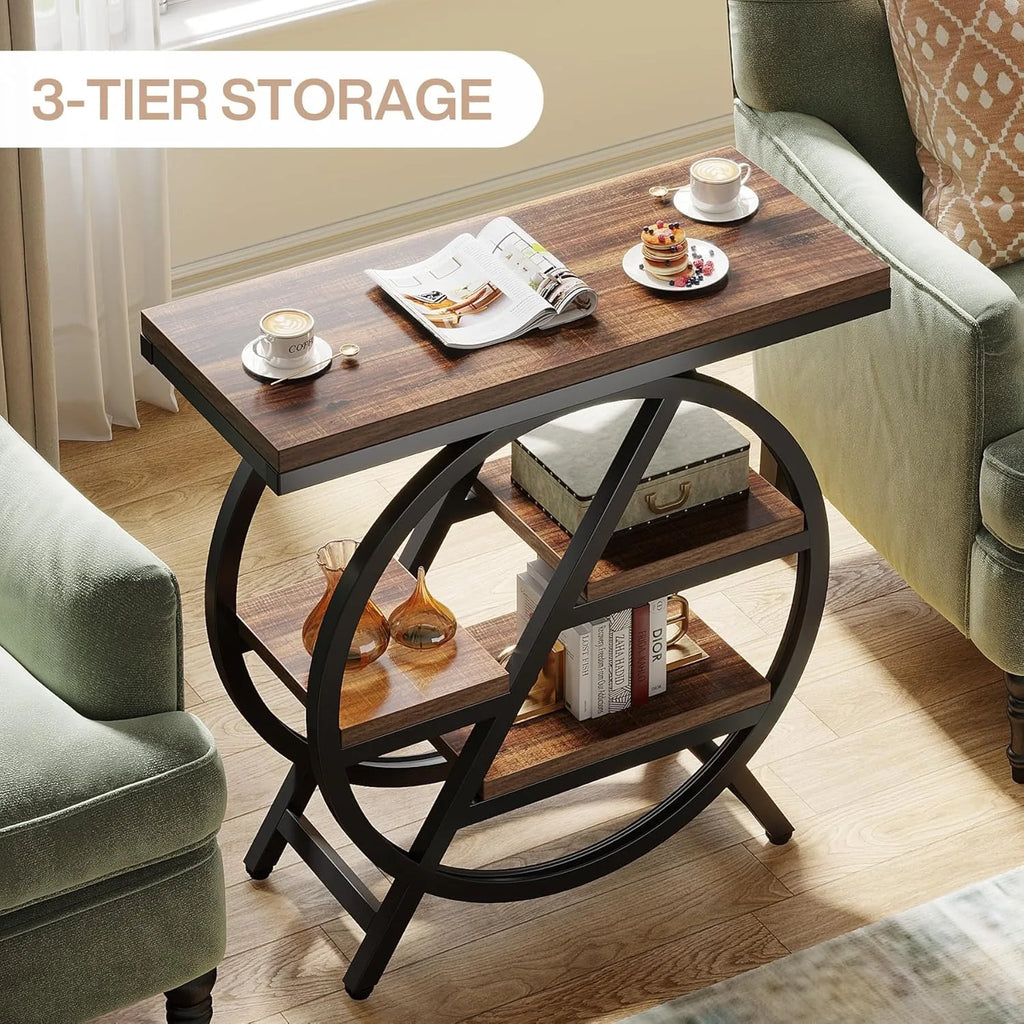 3-Tier Narrow End Table with Storage — Wood & Geometric Metal Frame