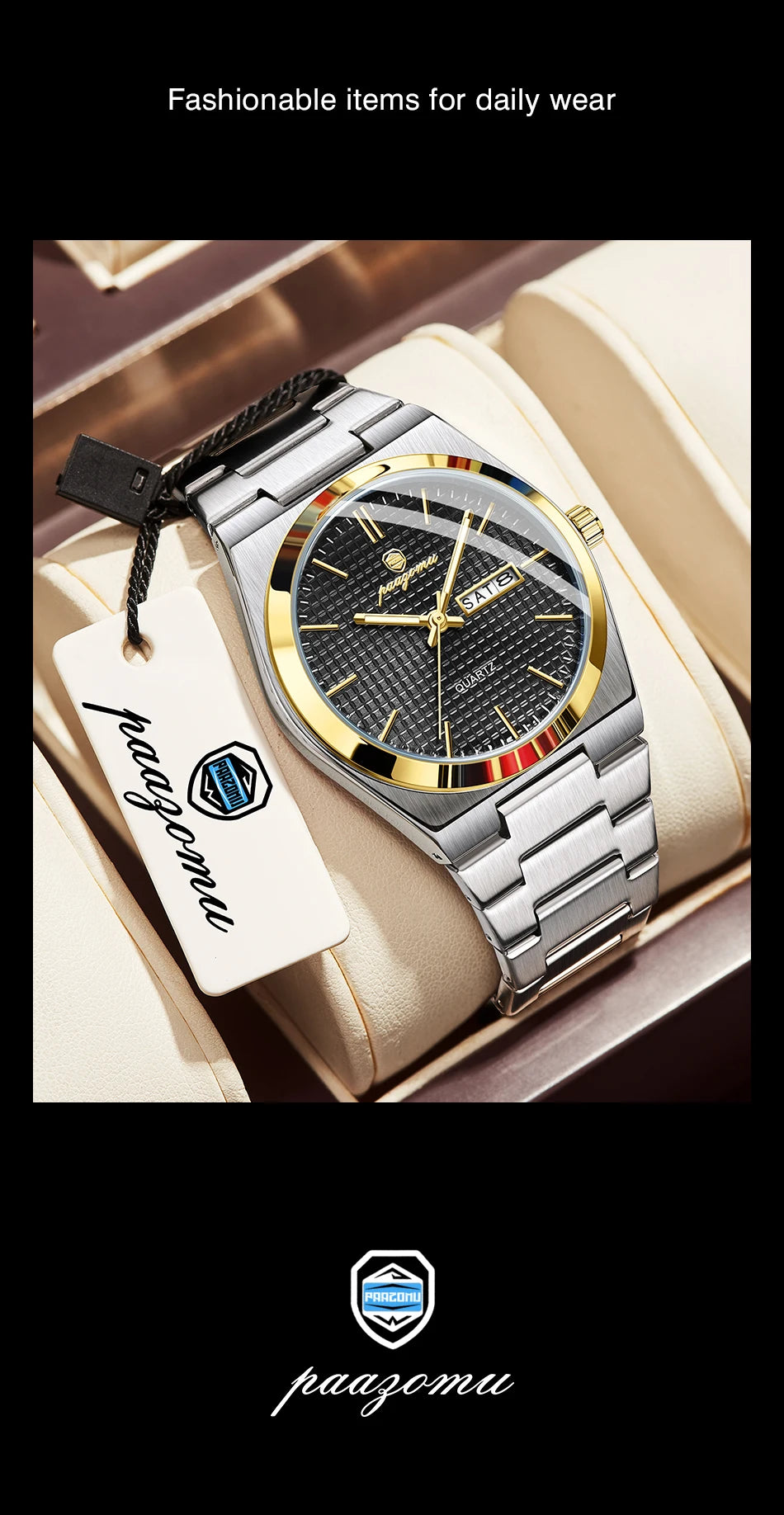 PAAZOMU Men's Luxury Waterproof Quartz Watch | Luminous Date Week Stainless Steel Sport Wristwatch