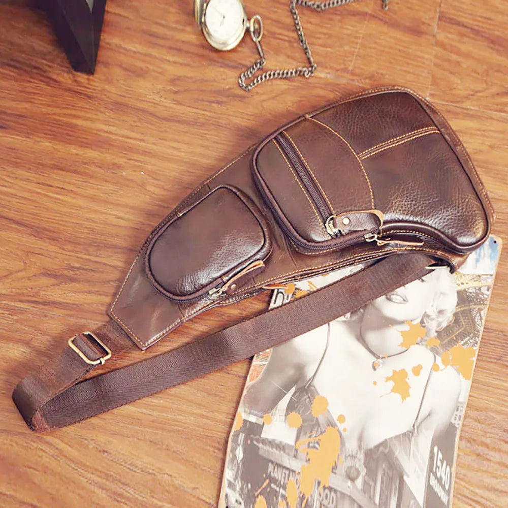 HAOSHUAI Men’s Genuine Leather Crossbody Sling Bag – Vintage Half-Moon, Zipper, Travel & Casual, Black & Coffee