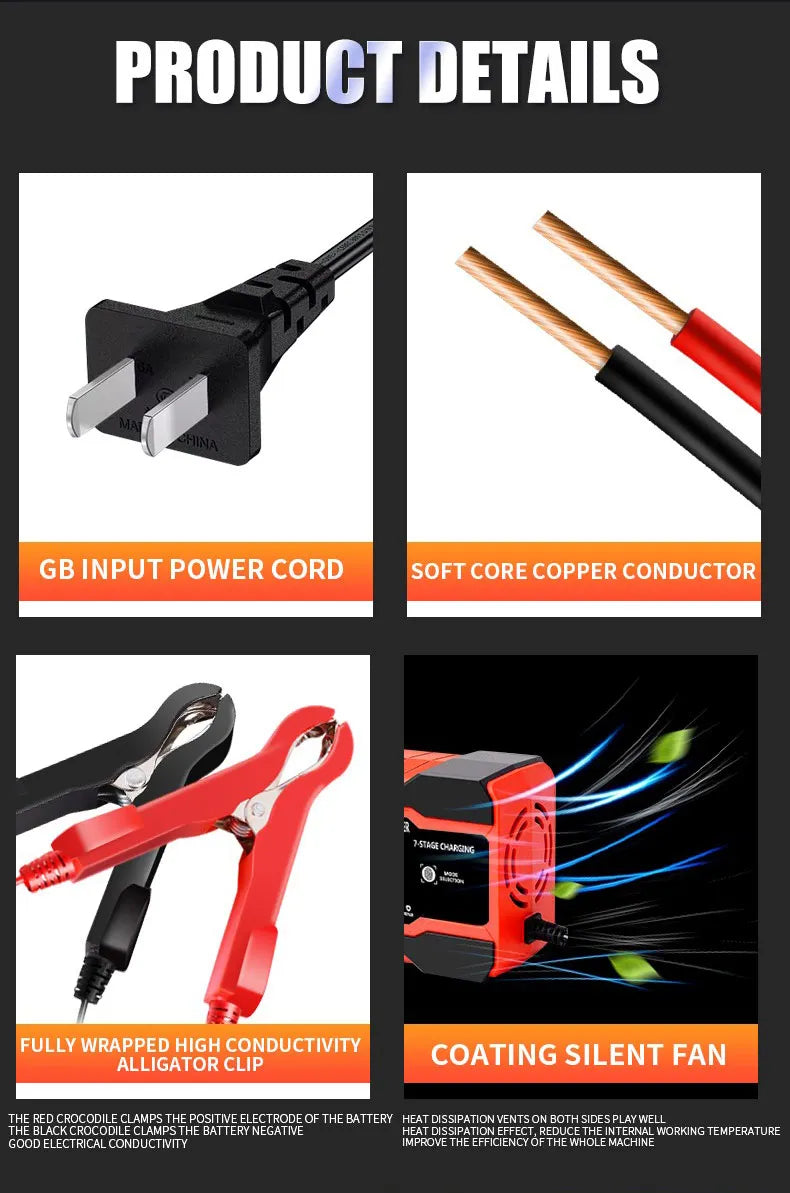 12V/24V Smart Battery Charger – 7-Stage Fast Charging & Pulse Repair for AGM, GEL, WET & Lead Acid Batteries