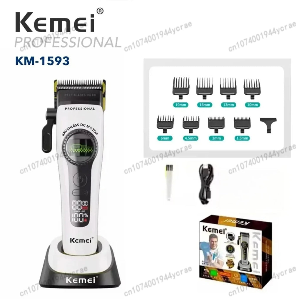 Kemei KM-1593 / KM-1595 Brushless Hair Clipper – DLC Blade, 8000 RPM, 200-Min Runtime, USB-C