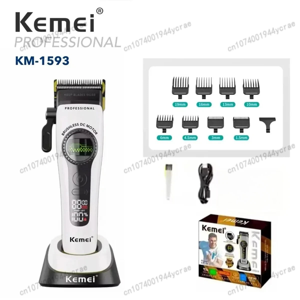 Kemei KM-1593 / KM-1595 Brushless Hair Clipper – DLC Blade, 8000 RPM, 200-Min Runtime, USB-C