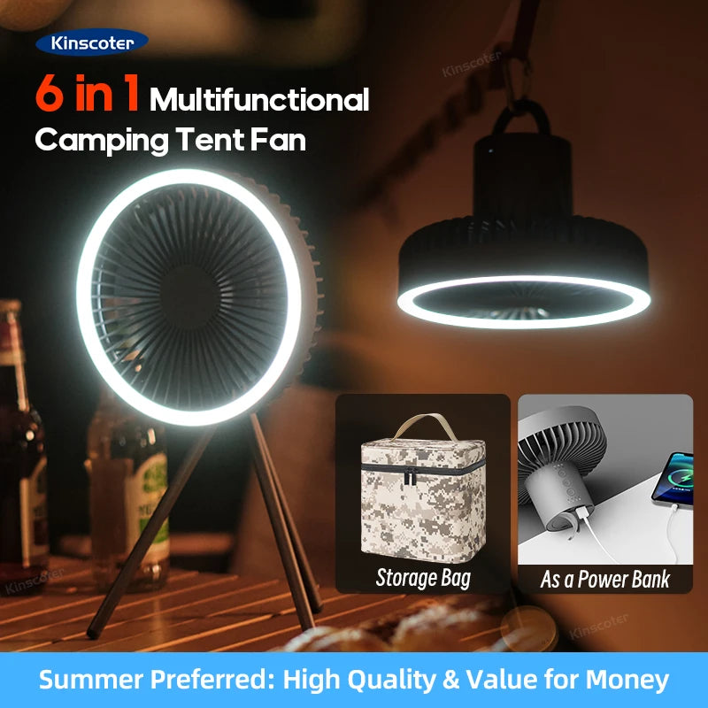 10000mAh Camping Fan – Rechargeable Portable Wireless Ceiling Fan with Power Bank & LED Lighting Tripod