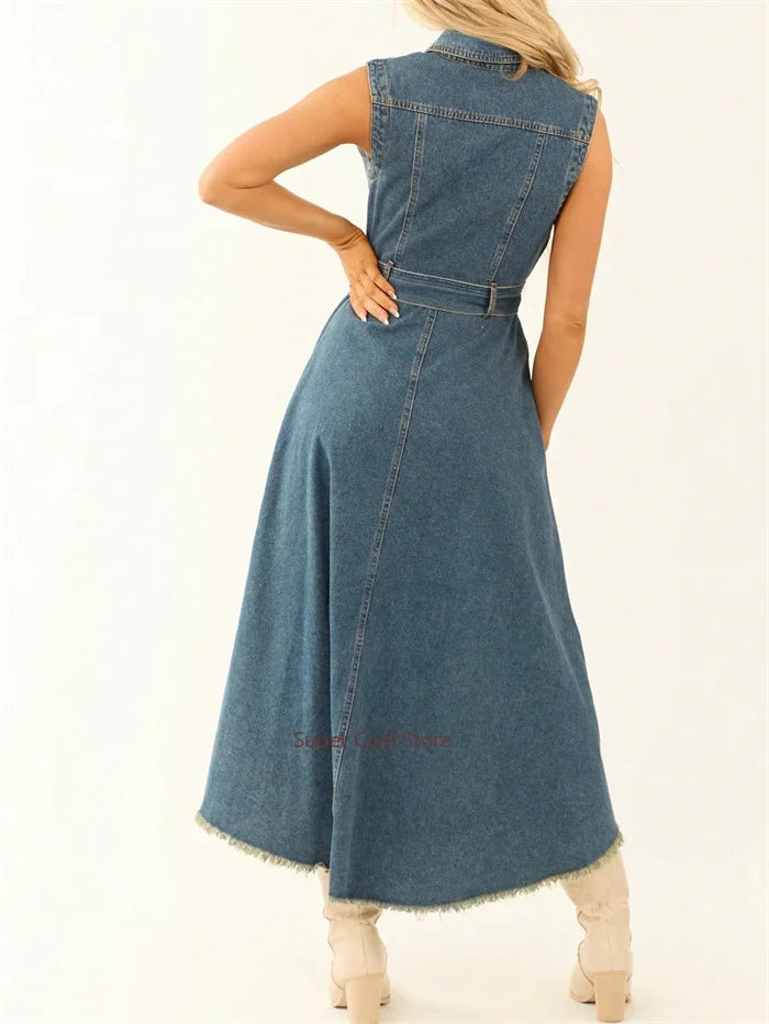 Sleeveless Denim A-Line Midi Dress — Lace-Up Irregular Tunic Dress for Women