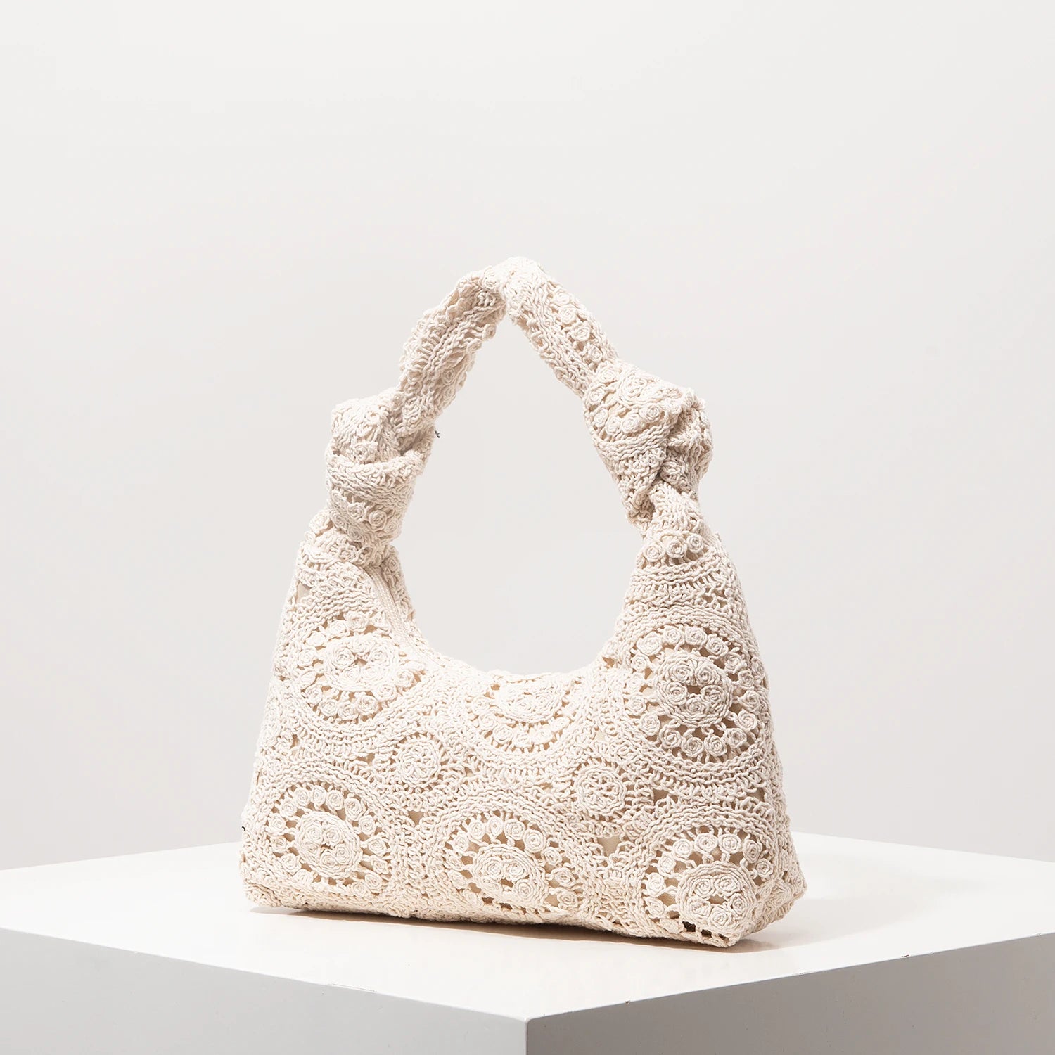 Boho Floral Half-Moon Beach Bag – Hollow-Out Polyester Shoulder Bag for Women