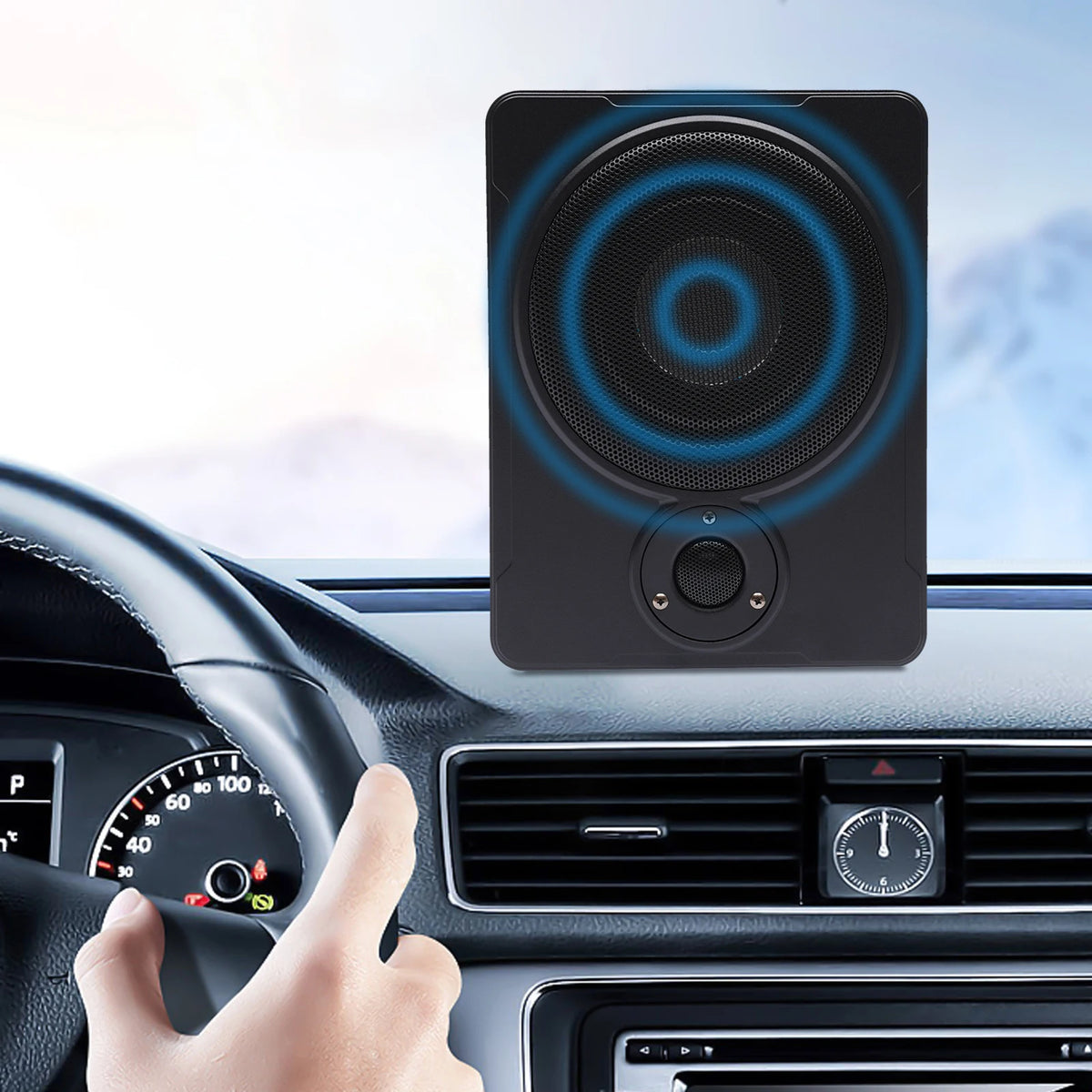 Car air freshener with blue light on a car dashboard