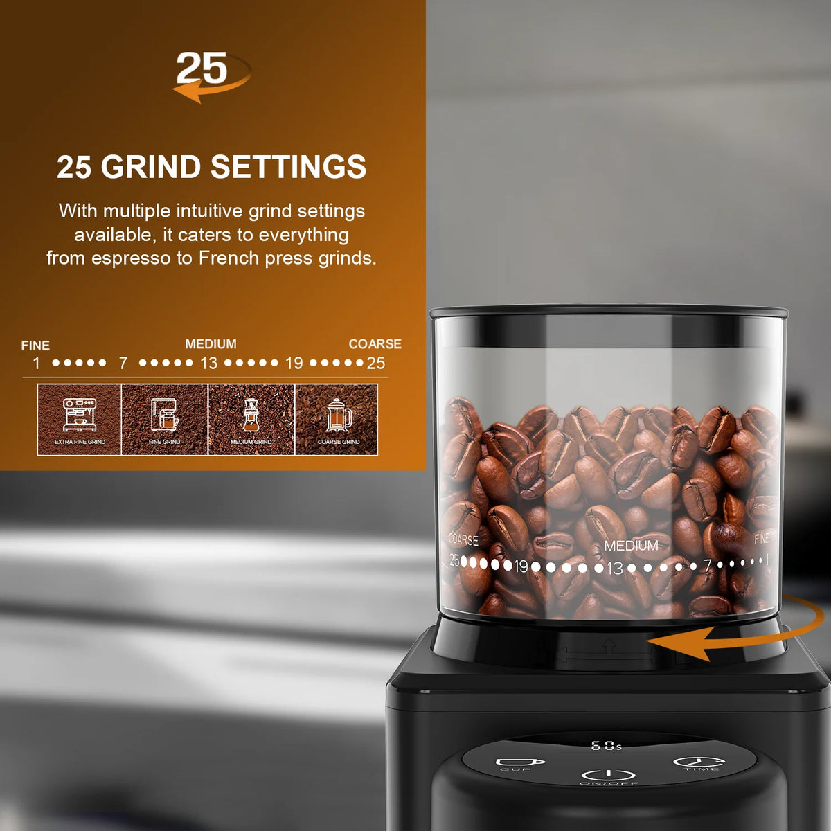 Electric Conical Burr Coffee Grinder – Touchscreen, 25 Grind Settings for Espresso, Drip & French Press