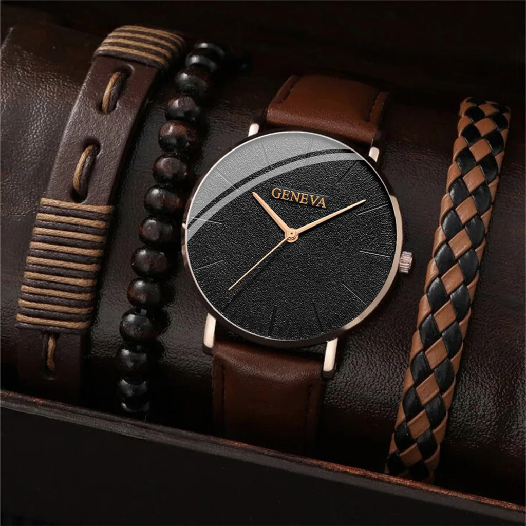 Men's Fashion Leather Quartz Watch & Bracelet Gift Set | Business Brown Wristwatch