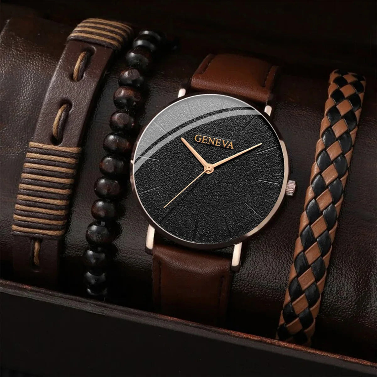 Men's Fashion Leather Quartz Watch & Bracelet Gift Set | Business Brown Wristwatch