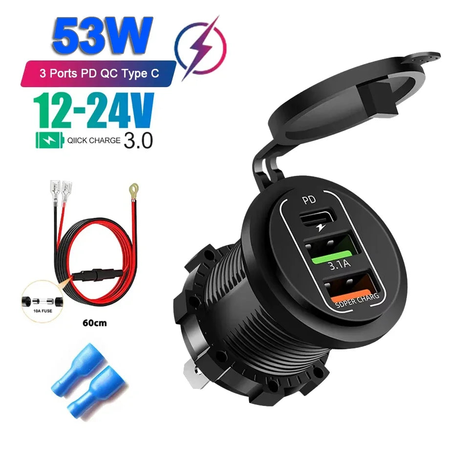 Car USB Charger with Voltmeter – PD3.0 & QC3.0 Fast Charging Socket for Motorcycle, Boat & Auto (12/24V)