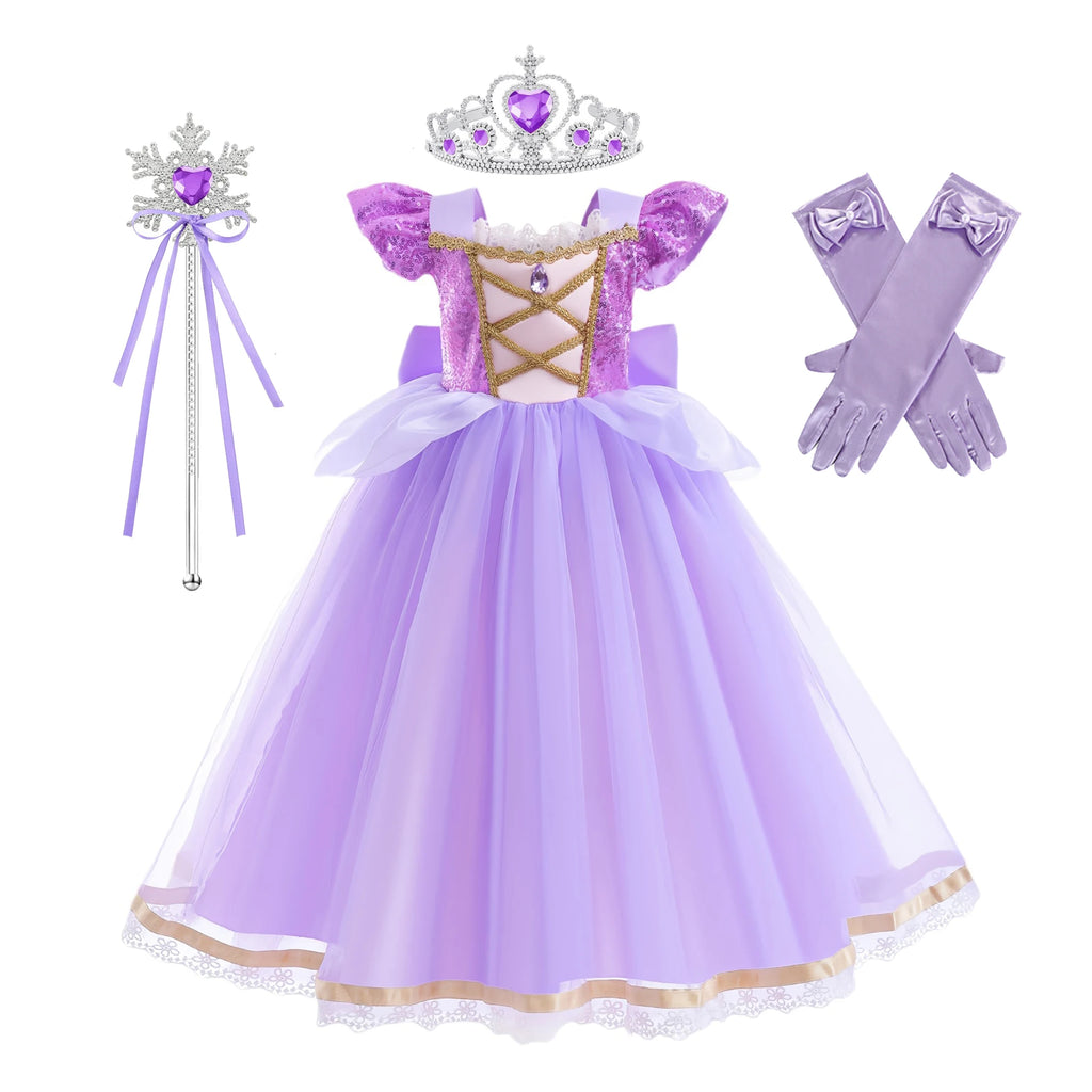 Girls Rapunzel Princess Costume Dress — Purple Puffy Halloween & Birthday Party Dress