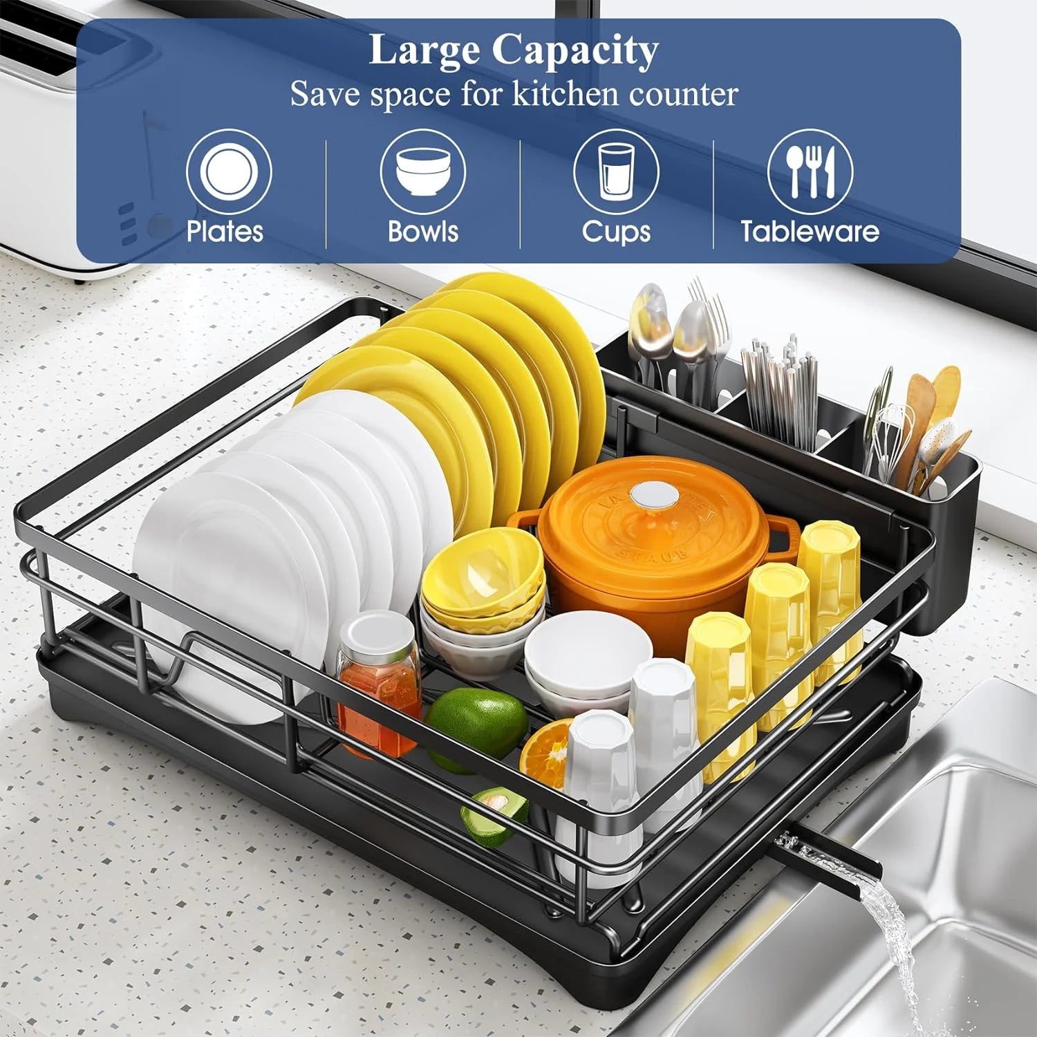 Large Dish Drying Rack with Drainboard — Rustproof Dish Drainer with Utensil Holder