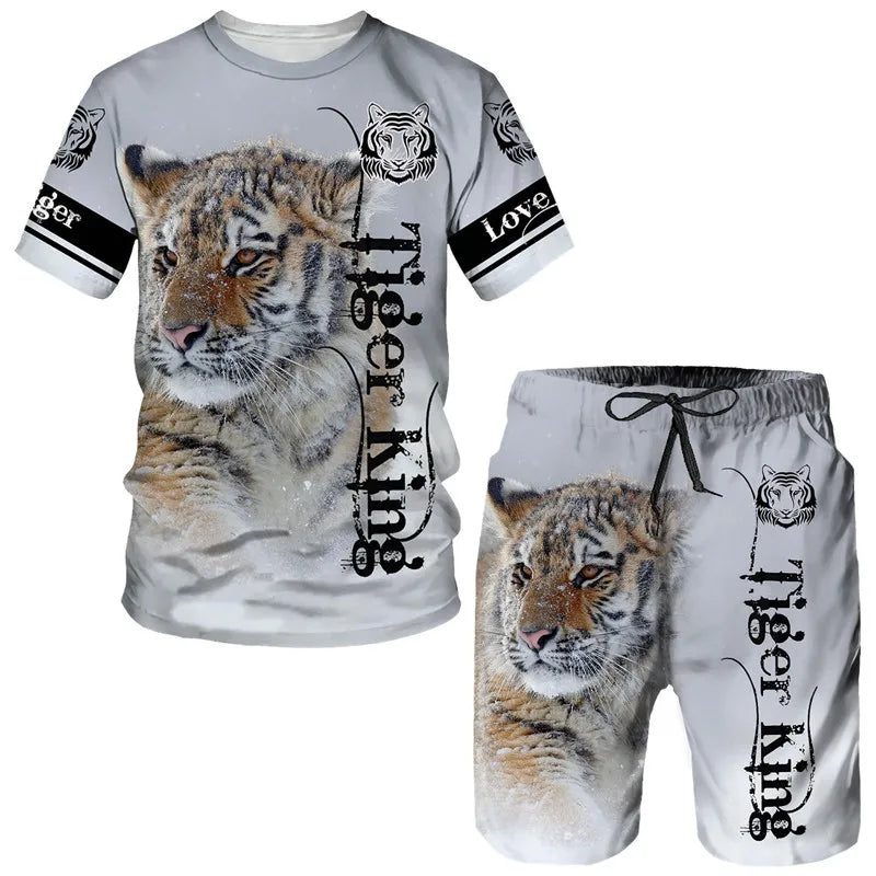 Men's 3D Tiger Print Short Sleeve T-Shirt & Shorts Set – Casual Sportswear