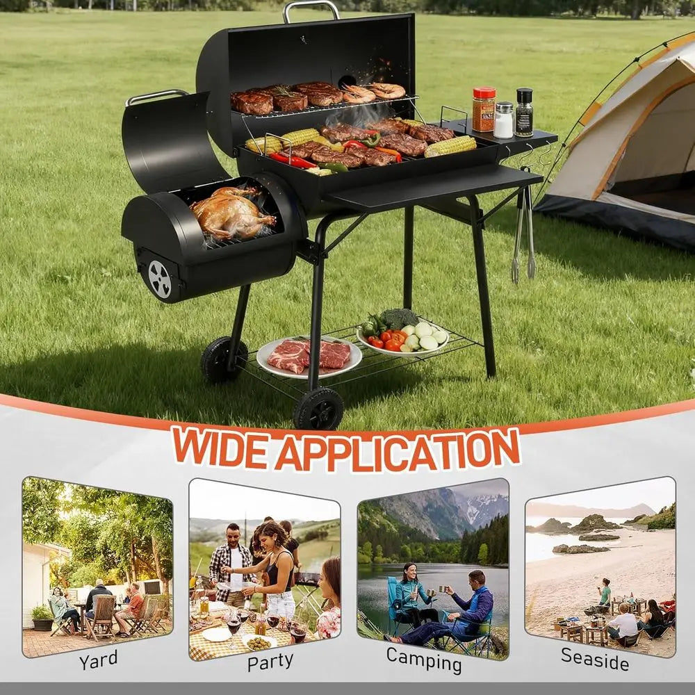Large Outdoor Charcoal Smoker Grill Combo | 2-in-1 Grilling & Smoking, Built-in Ignition Mesh, Adjustable Vents, 52x44x20 In.